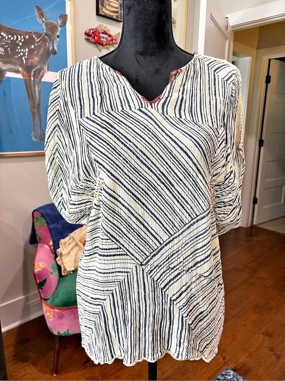 BENARES brand from Anthropologie Geometric Tunic in Blue & White